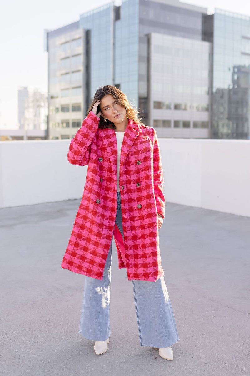  Long Sleeve Houndstooth Print Tweed Coat Pink