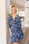 Long Split Sleeve Floral Print Mini Dress Navy