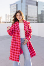  Long Sleeve Houndstooth Print Tweed Coat Pink