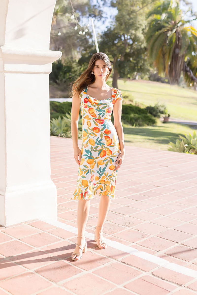 Short Cap Sleeve Lemon Print Midi Dress Yellow