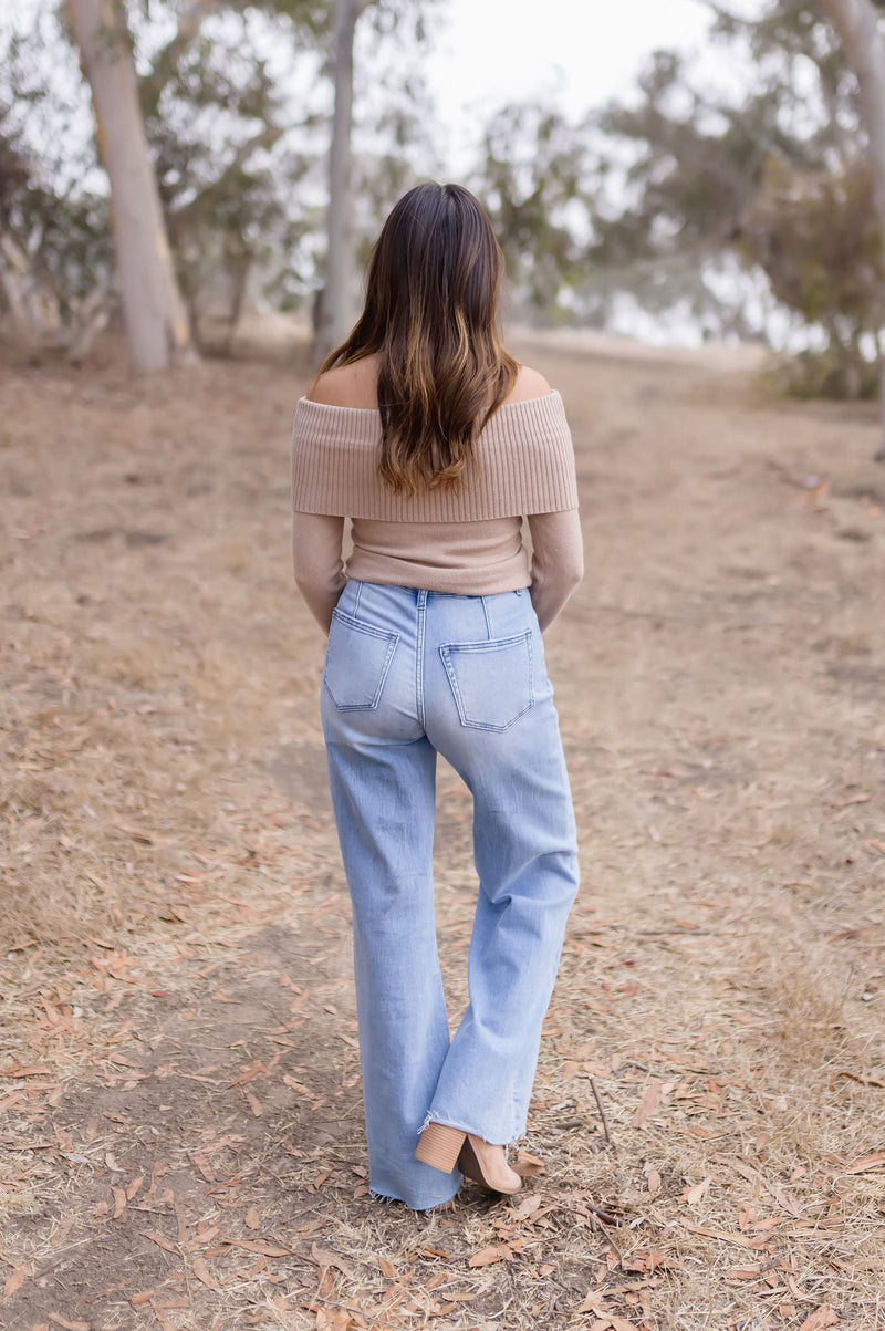 Long Sleeve Off The Shoulder Sweater Top Taupe