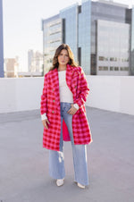  Long Sleeve Houndstooth Print Tweed Coat Pink