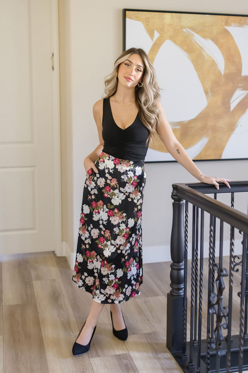  Floral Print Satin Midi Skirt Black