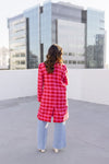  Long Sleeve Houndstooth Print Tweed Coat Pink