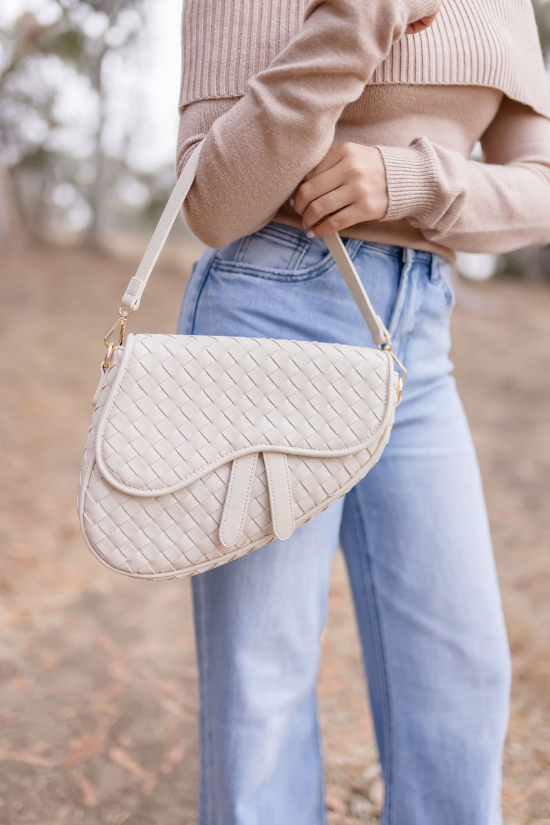 Vegan Leather Woven Shoulder Purse Ivory