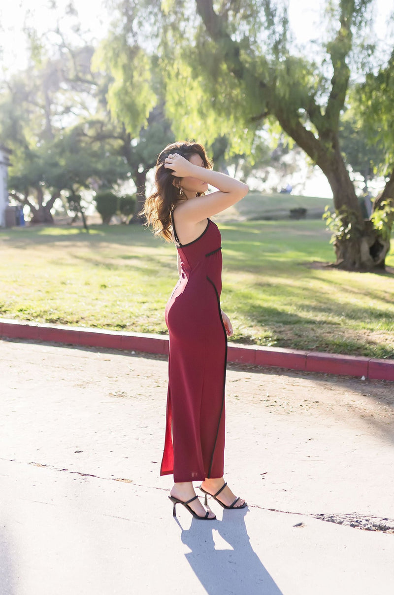 Sleeveless Contrast Stitching Midi Dress Burgundy