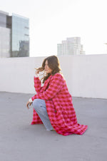  Long Sleeve Houndstooth Print Tweed Coat Pink