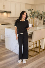 Short Sleeve Ribbed Sweater Top And Pants Set Black