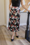  Floral Print Satin Midi Skirt Black