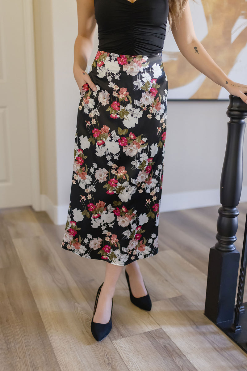  Floral Print Satin Midi Skirt Black