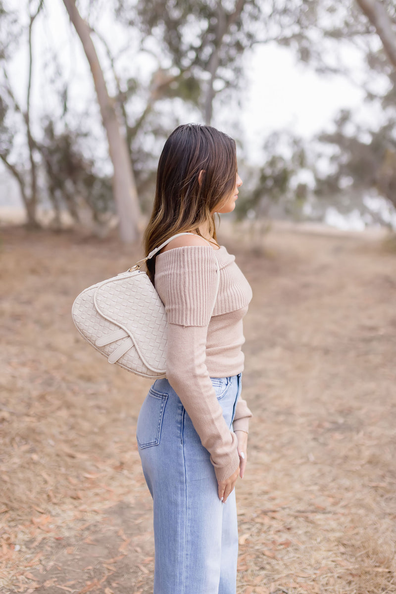 Vegan Leather Woven Shoulder Purse Ivory