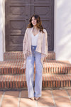 Long Sleeve Cowl Neck Fringe Cardigan Tan