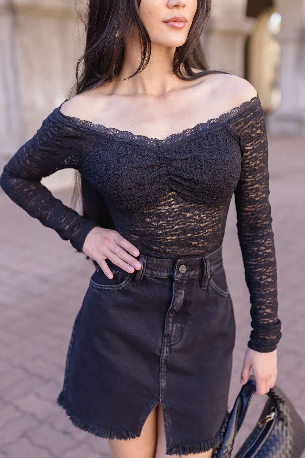 Long Sleeve Off The Shoulder Lace Top Black