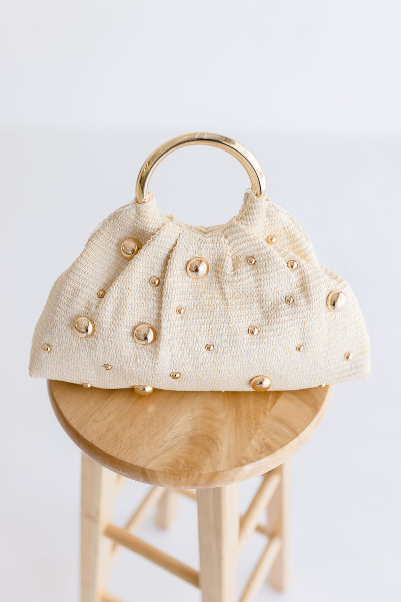 Halle Straw Gold Studded Purse Beige