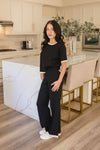 Short Sleeve Ribbed Sweater Top And Pants Set Black