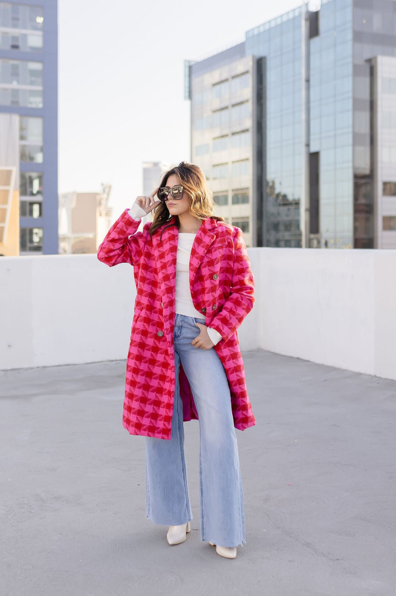   Long Sleeve Houndstooth Print Tweed Coat Pink