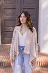 Long Sleeve Cowl Neck Fringe Cardigan Tan