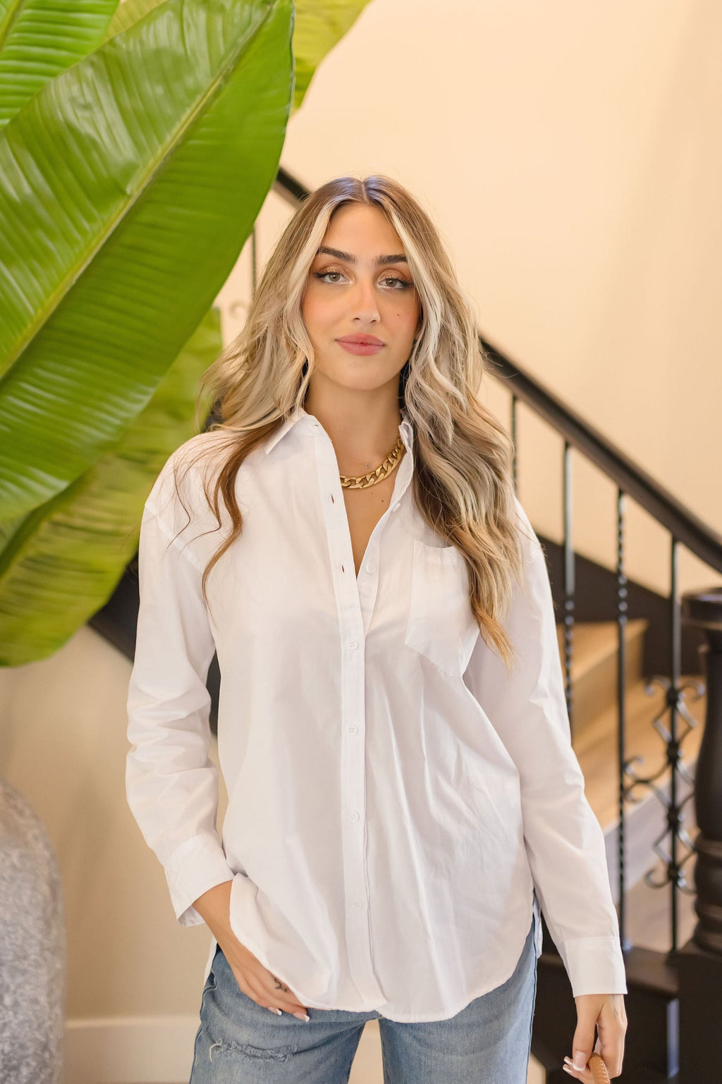 Long Sleeve Oversized Button Down Top White