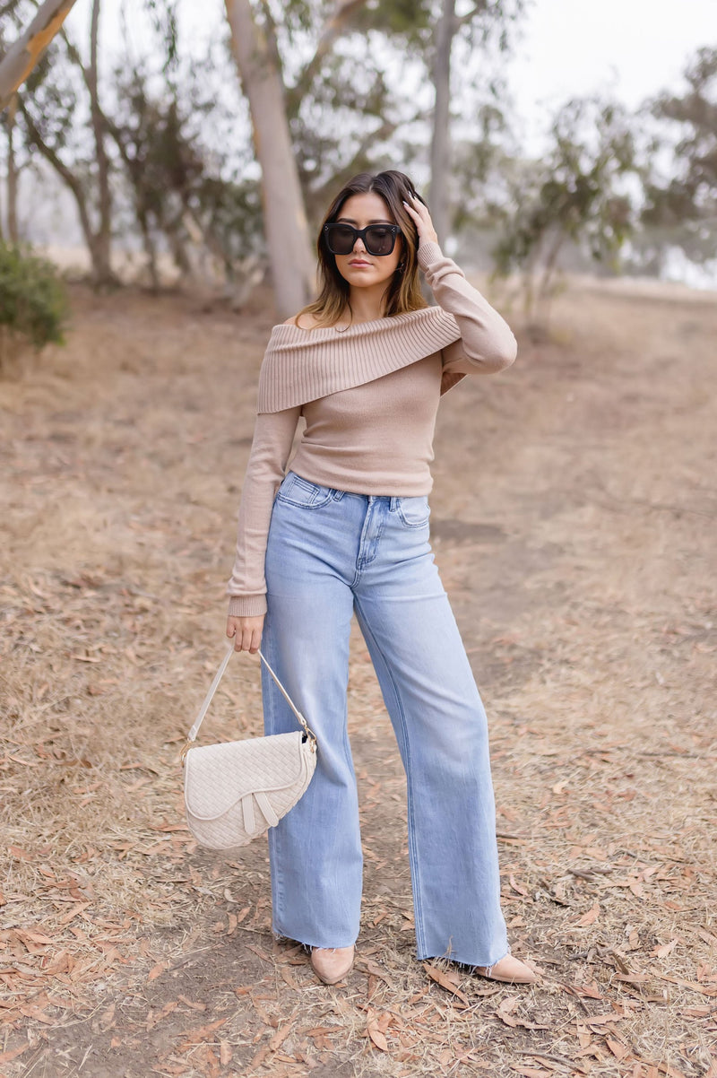 Long Sleeve Off The Shoulder Sweater Top Taupe