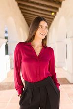 Long Sleeve Button Down Satin Top Burgundy