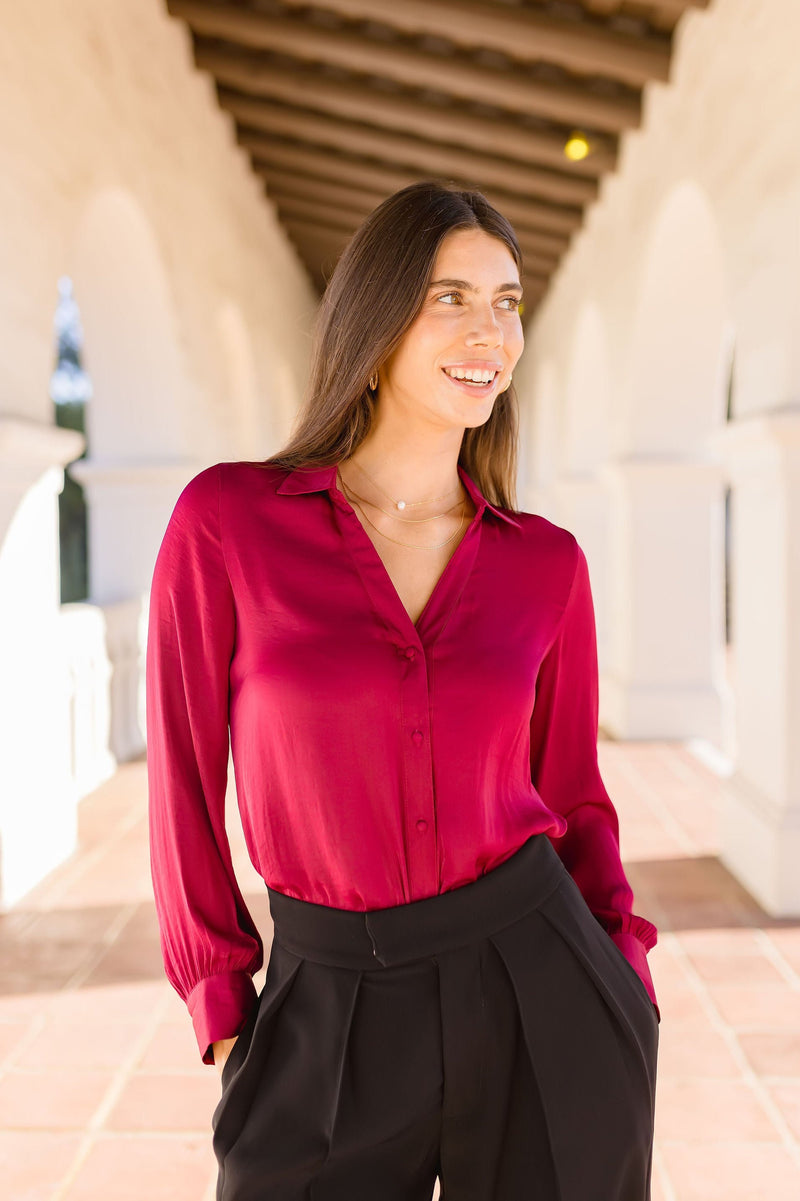 Long Sleeve Button Down Satin Top Burgundy