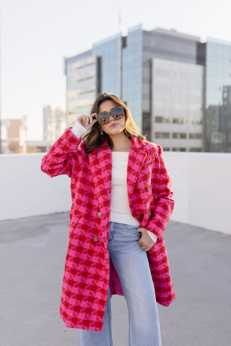  Long Sleeve Houndstooth Print Tweed Coat Pink