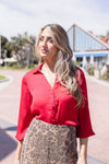 Long Sleeve Button Down Satin Top Red