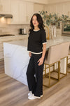 Short Sleeve Ribbed Sweater Top And Pants Set Black