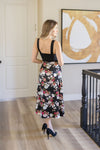  Floral Print Satin Midi Skirt Black