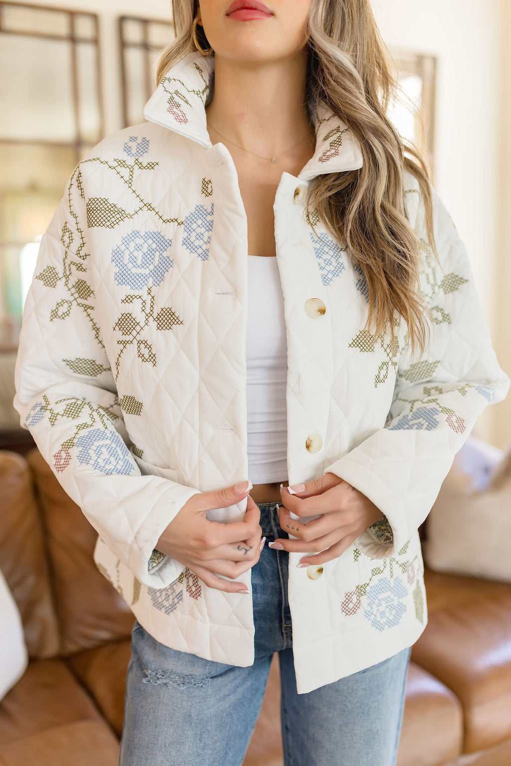 Long Sleeve Floral Embroidered Quilted Shacket White