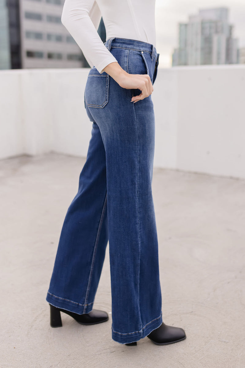 High Rise Slanted Pocket Wide Leg Jeans Dark Wash