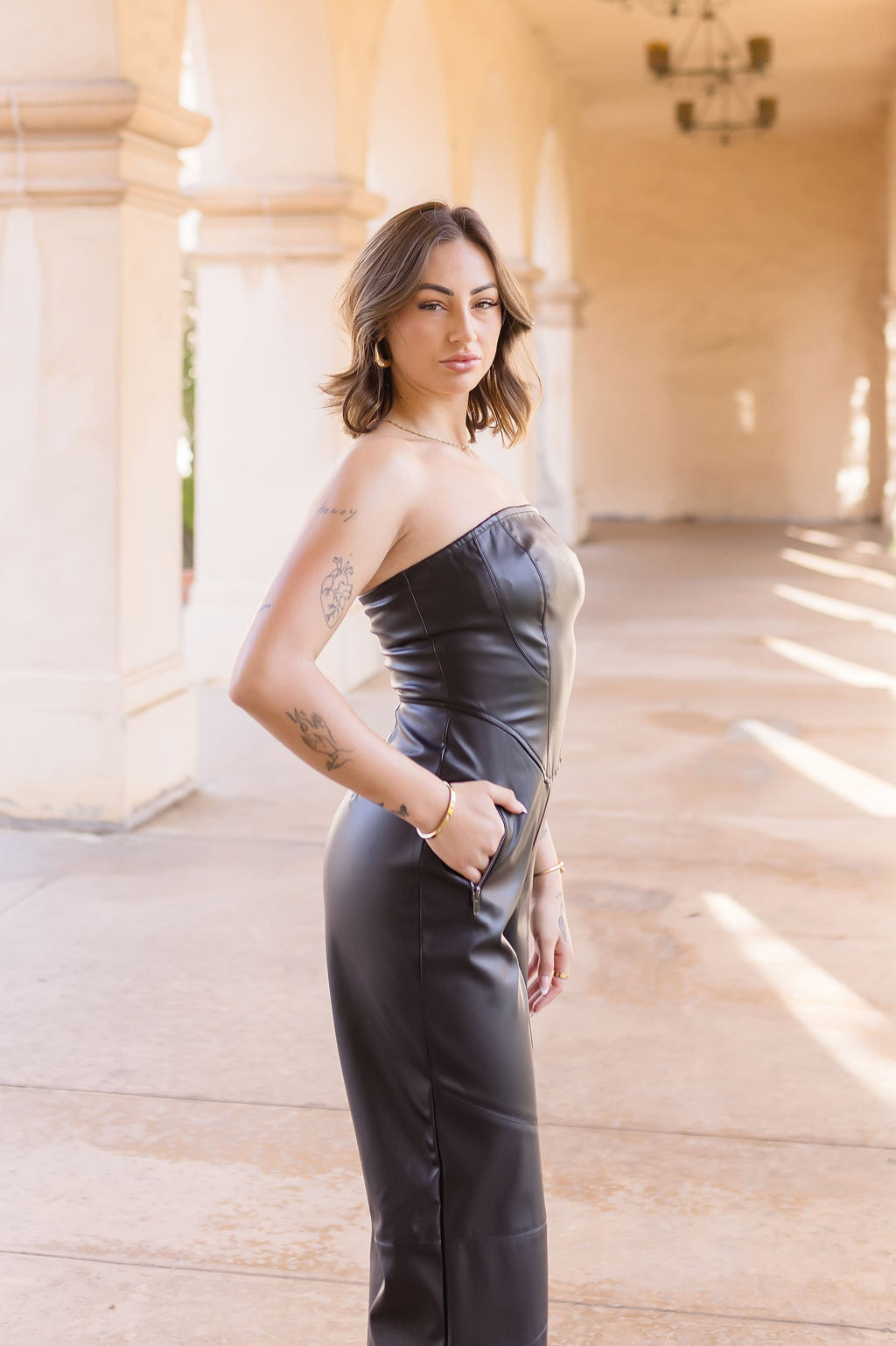 Sleeveless Vegan Leather Wide Leg Jumpsuit Black