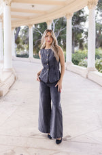 Sleeveless Button Down Denim Vest And Pants Set Black