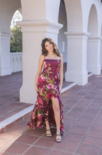 Sleeveless Back Tie Floral Print Maxi Dress Burgundy