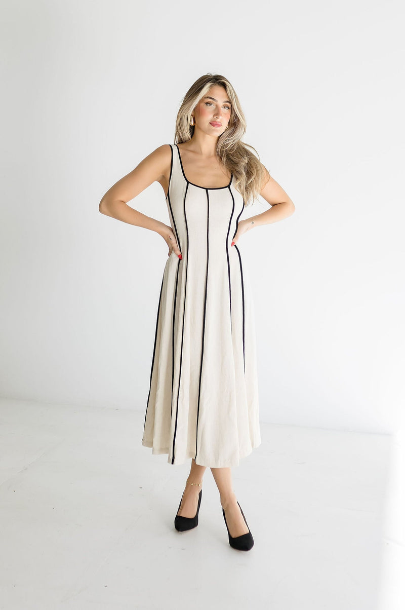 Sleeveless Contrast Linen Midi Dress Natural