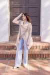 Long Sleeve Cowl Neck Fringe Cardigan Tan