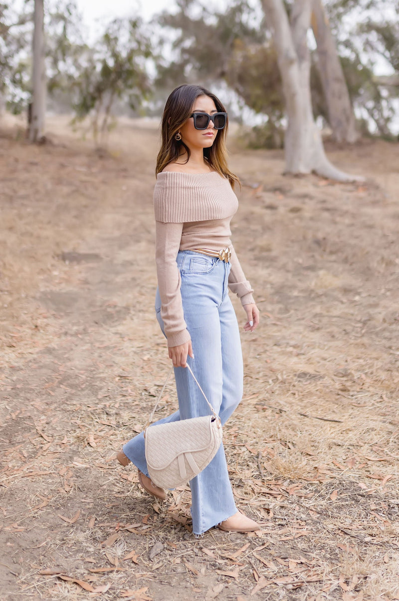 Long Sleeve Off The Shoulder Sweater Top Taupe