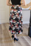  Floral Print Satin Midi Skirt Black