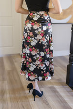  Floral Print Satin Midi Skirt Black