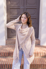 Long Sleeve Cowl Neck Fringe Cardigan Tan