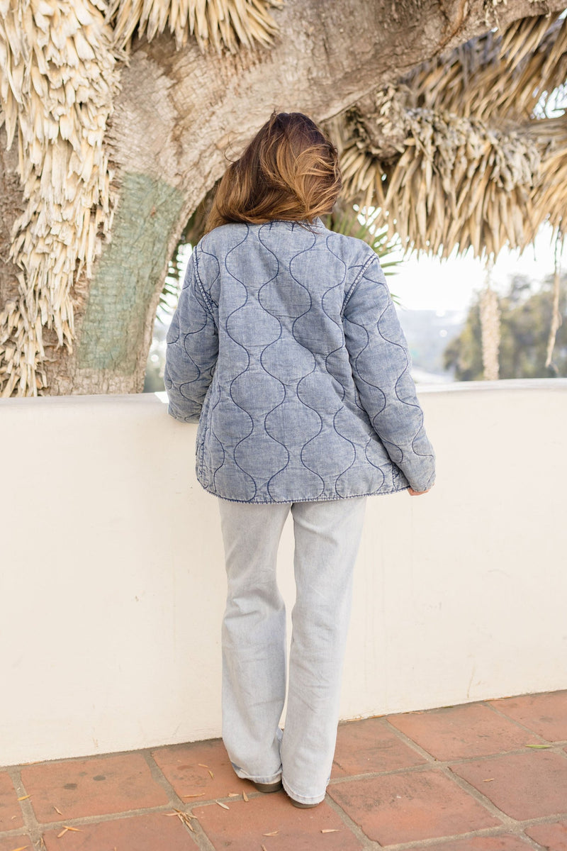 Long Sleeve Washed Quilted Jacket Blue