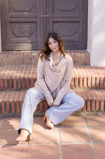 Long Sleeve Cowl Neck Fringe Cardigan Tan