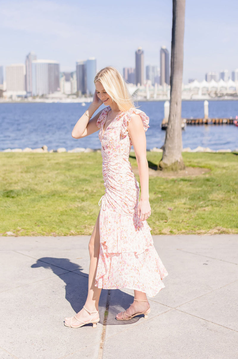  Short Sleeve Floral Print Shirred Maxi Dress Pink