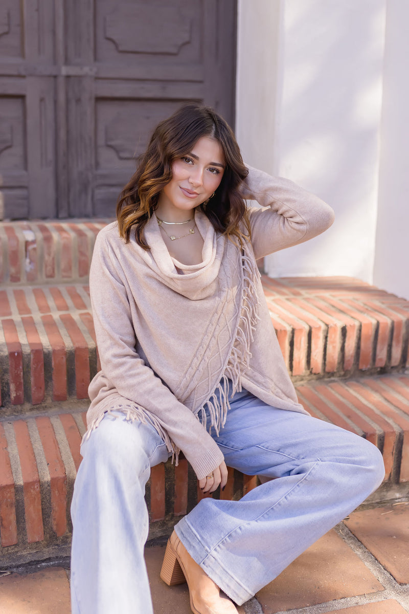 Long Sleeve Cowl Neck Fringe Cardigan Tan