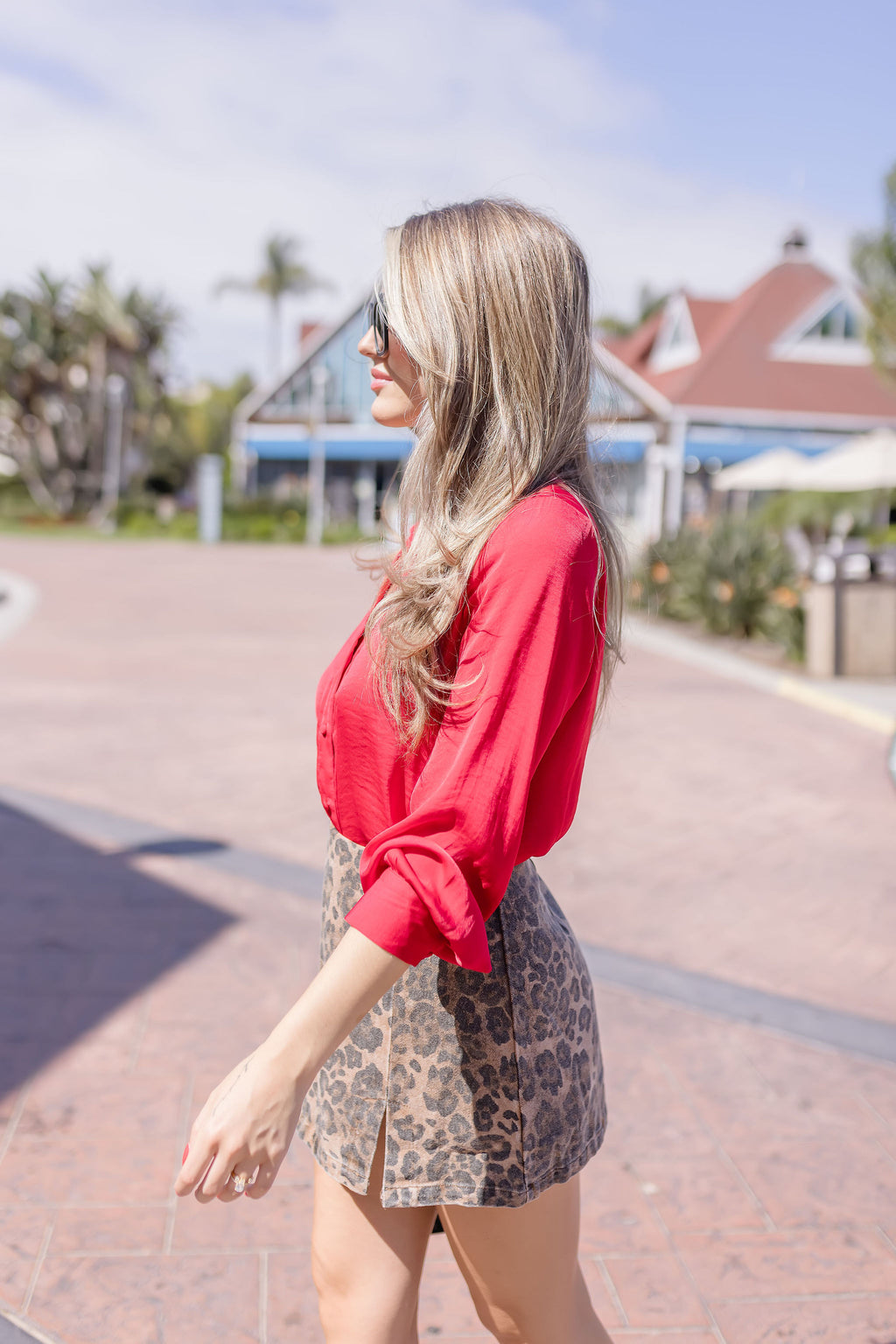 Long Sleeve Button Down Satin Top Red