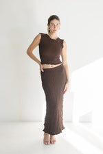 Sleeveless Textured Boatneck And Maxi Skirt Set Brown