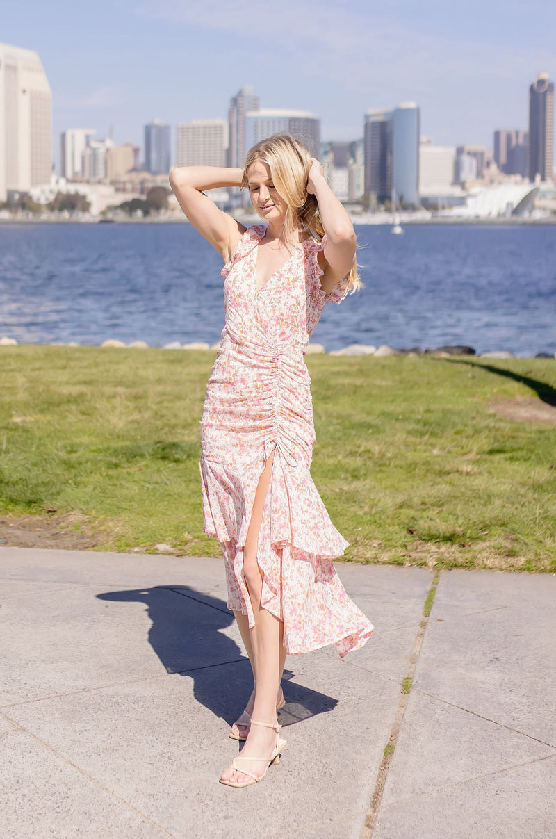  Short Sleeve Floral Print Shirred Maxi Dress Pink