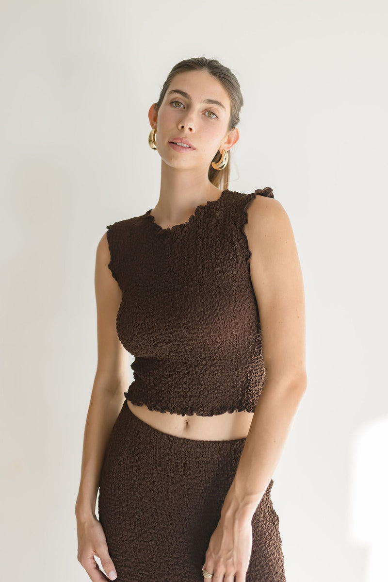 Sleeveless Textured Boatneck And Maxi Skirt Set Brown