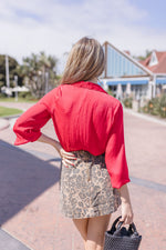 Long Sleeve Button Down Satin Top Red