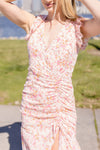  Short Sleeve Floral Print Shirred Maxi Dress Pink